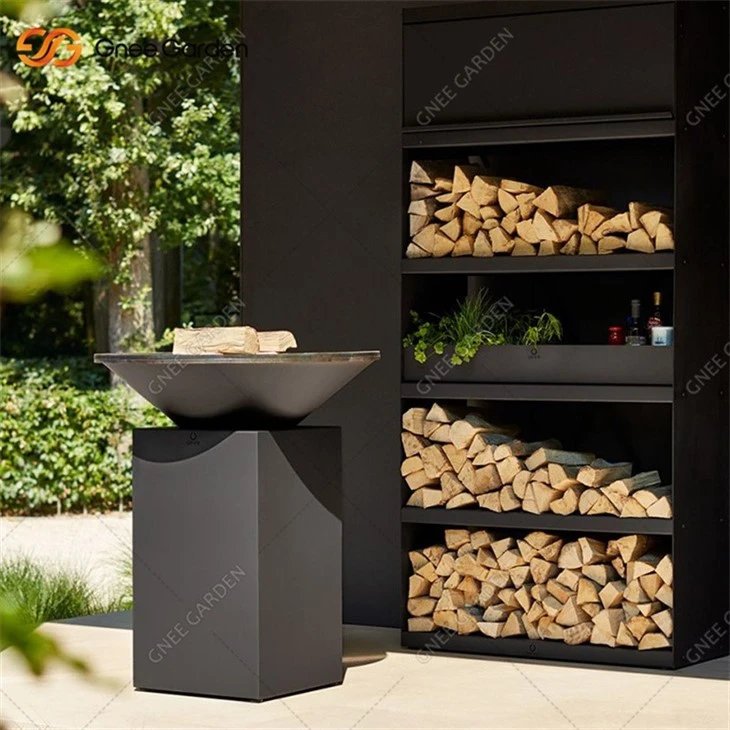 Corten Steel BBQ Grill With Wood Rack