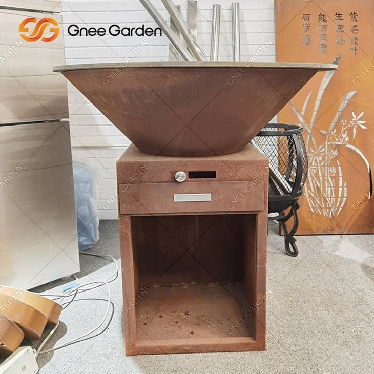 Outdoor Corten Steel Fire Pit BBQ With Wood Storage