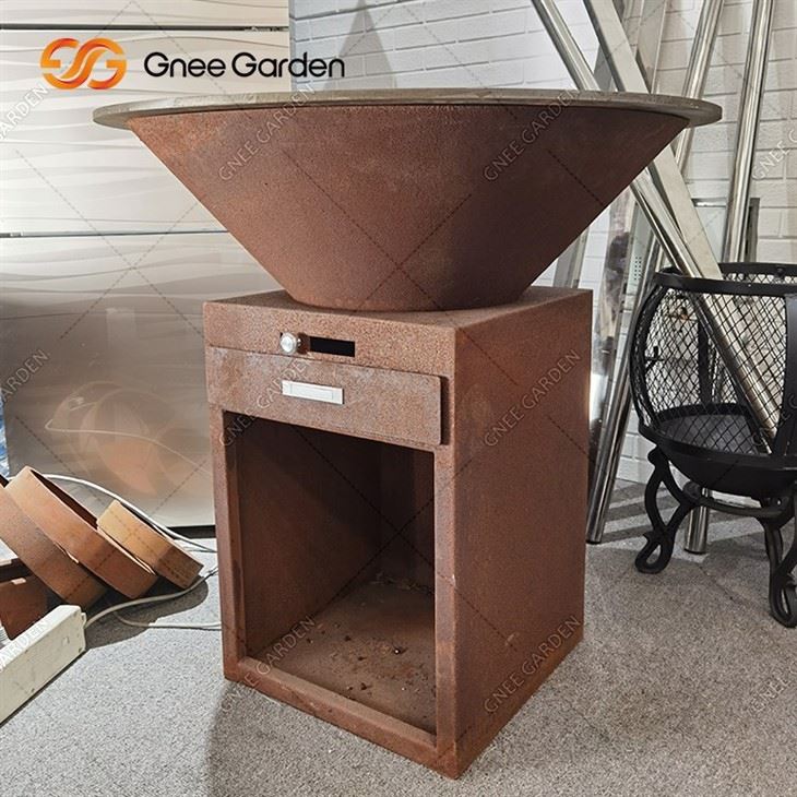 Outdoor Corten Steel Fire Pit BBQ With Wood Storage